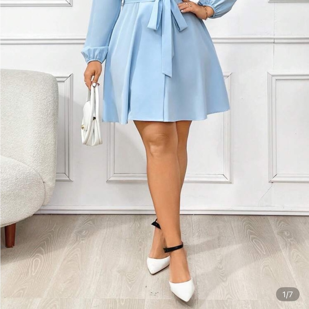 SHEIN Light Blue Tie-Waist Mini Dress
